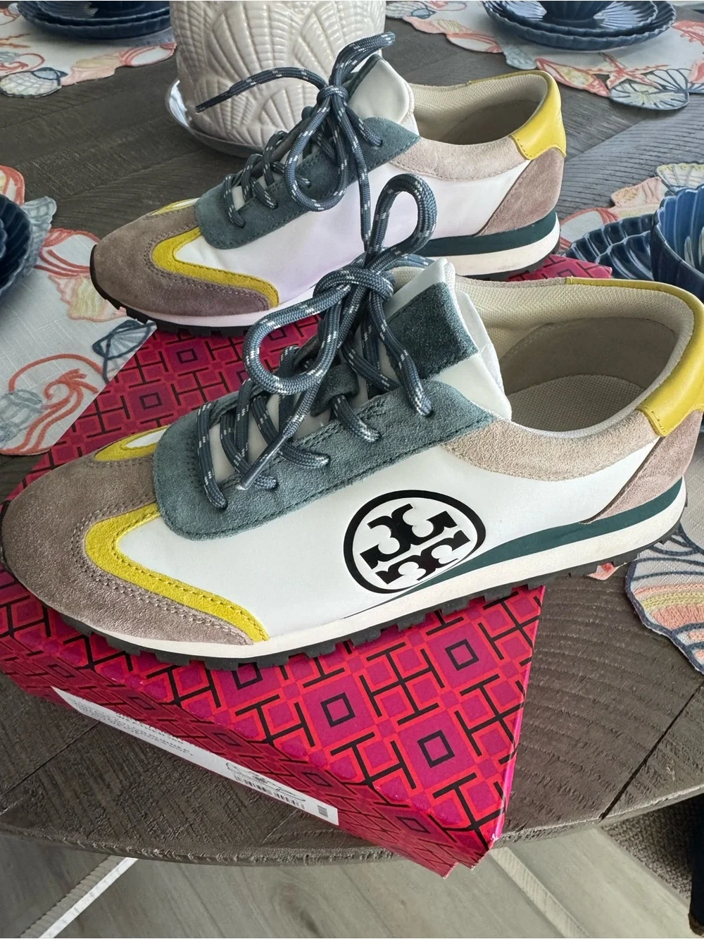 Tory Burch White, Light Taupe, Stormy & Yellow Runner Sneaker